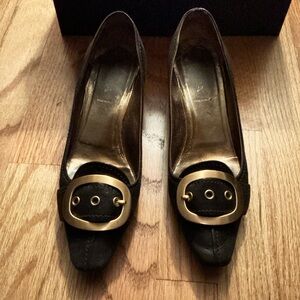 Prada Vintage Brown Leather Heeled Loafers with Gold Buckle